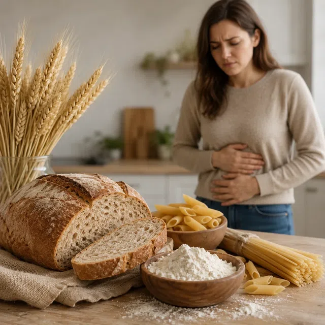 Persoon met buikklachten naast tarwe, brood, meel en pasta als symbool voor coeliakie