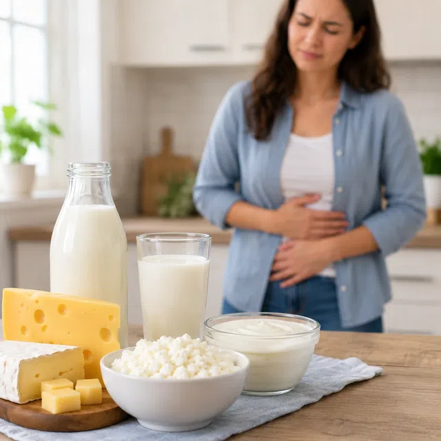Person med magbesvär bredvid mjölk, ost, keso och yoghurt som symbol för laktosintolerans