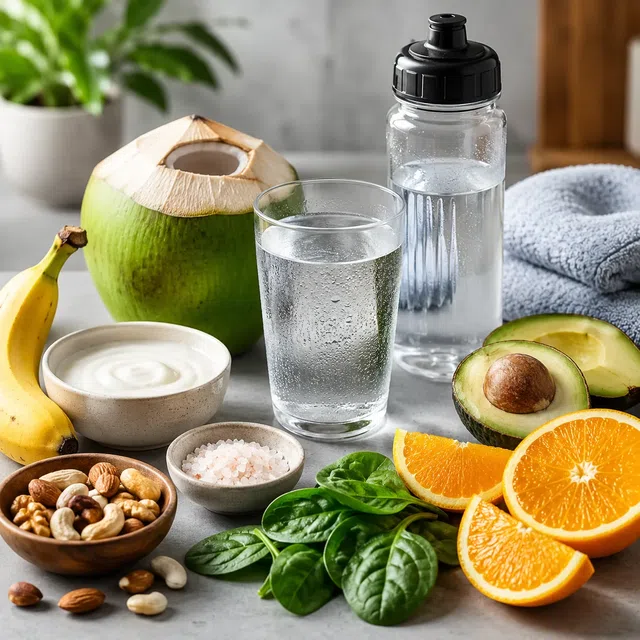 Vatten, kokosnöt, banan, yoghurt, nötter, spenat, salt och apelsiner som symboler för elektrolyter och vätskebalans