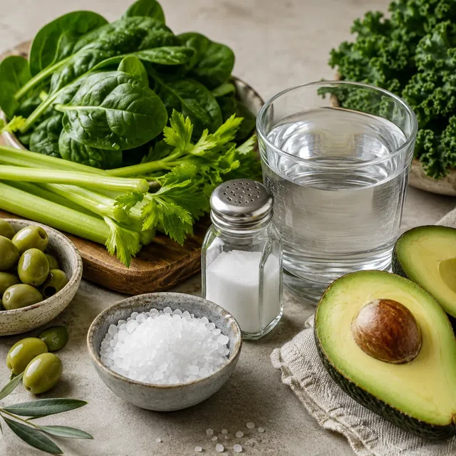 Zoutstrooier, kom met zout, water, selderij, bladgroenten, avocado en olijven als symbolen voor natrium in de voeding