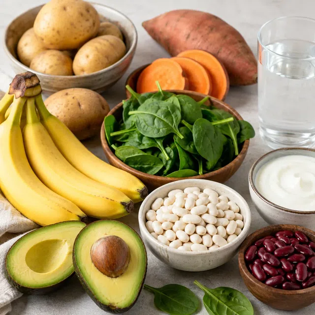 Banane, patate, patate dolci, spinaci, fagioli, avocado, acqua e yogurt come esempi di alimenti contenenti potassio