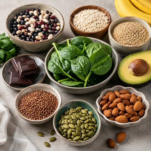 Fagioli, fiocchi d’avena, cereali, spinaci, avocado, frutta secca, semi e cioccolato fondente come esempi di alimenti ricchi di magnesio