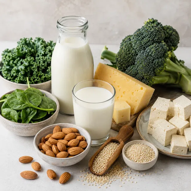 Latte, formaggio, tofu, broccoli, cavolo riccio, spinaci, mandorle e sesamo come esempi di alimenti contenenti calcio