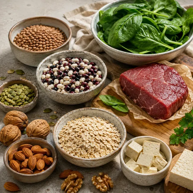 Viande rouge, haricots, lentilles, épinards, graines de courge, flocons d’avoine, tofu et noix comme exemples d’aliments contenant du fer