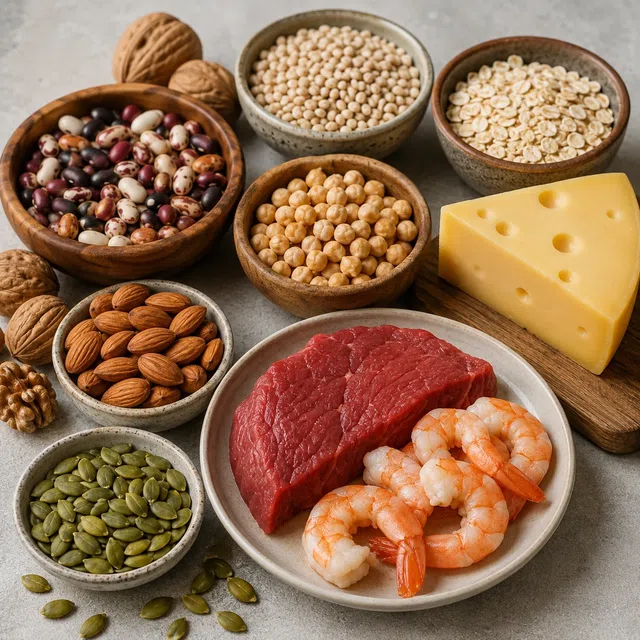 Viande, crevettes, fromage, haricots, pois chiches, noix, graines, flocons d’avoine et céréales complètes comme exemples d’aliments contenant du zinc