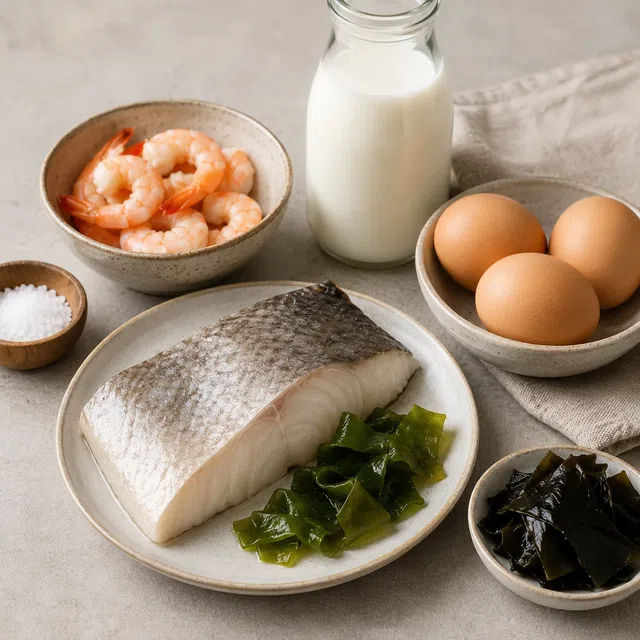 Poisson, crevettes, algues, lait, œufs et sel iodé comme exemples de sources d’iode