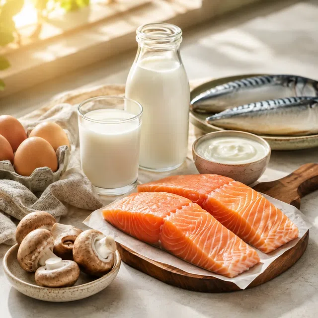 Saumon, maquereau, œufs, lait, yaourt, champignons et lumière du soleil comme symboles de la vitamine D
