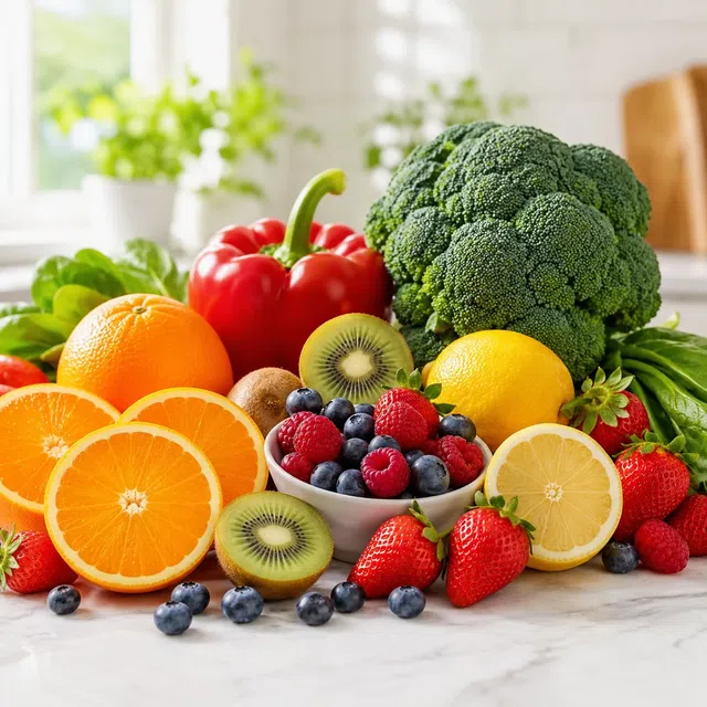 Oranges, citrons, kiwi, baies, poivron, brocoli et épinards comme exemples d’aliments riches en vitamine C