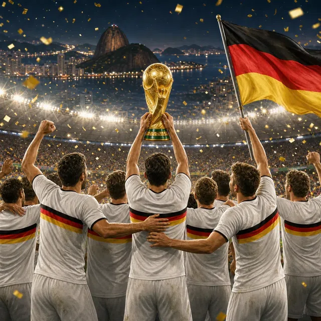 Original illustration of a national football team celebrating with a trophy in a Brazilian stadium