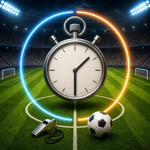 サッカースタジアムで１時間半を示すアナログの試合時計のイラスト