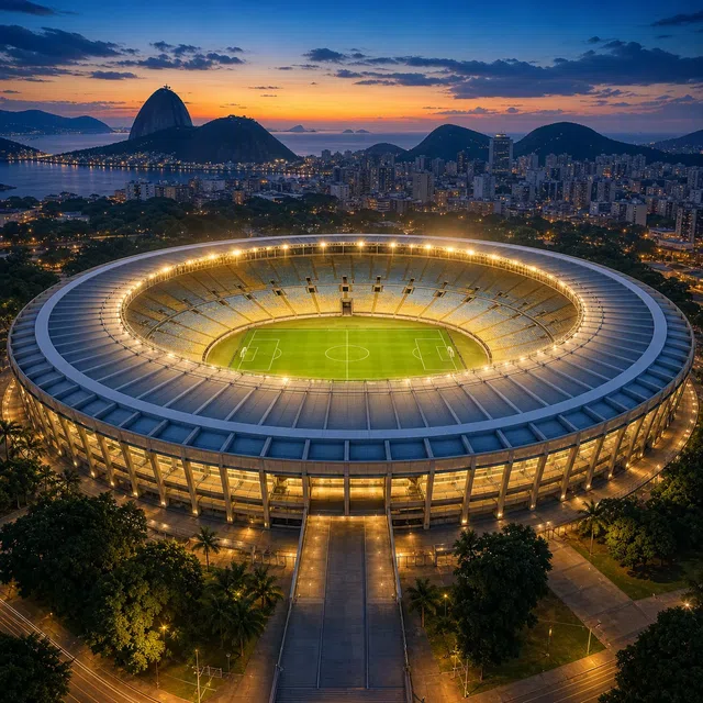 Illustration originale d'un grand stade ovale surplombé de collines verdoyantes et d'une ville dense