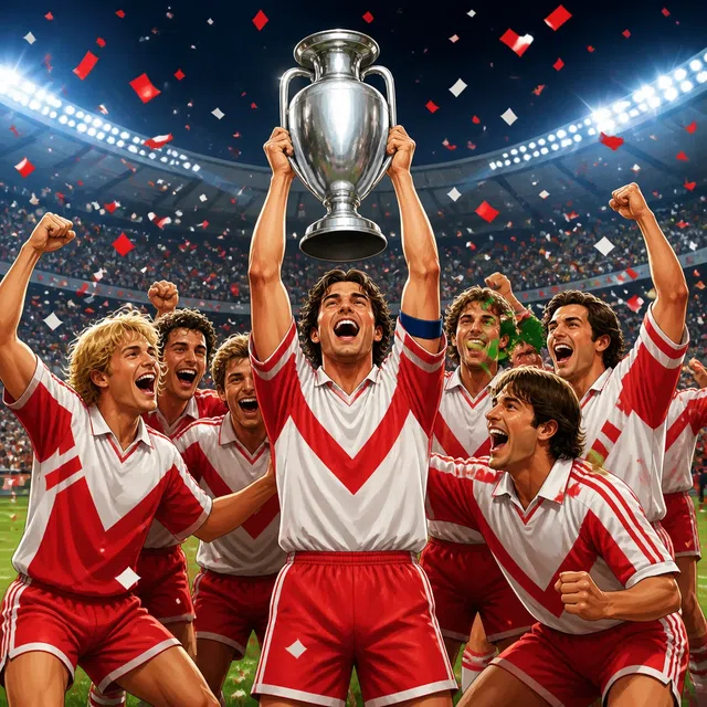 Illustration originale d'une équipe de football victorieuse en rouge et blanc soulevant un trophée