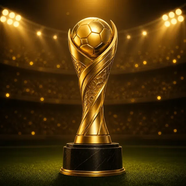 Originale Illustration einer generischen goldenen Fußballtrophäe im Scheinwerferlicht