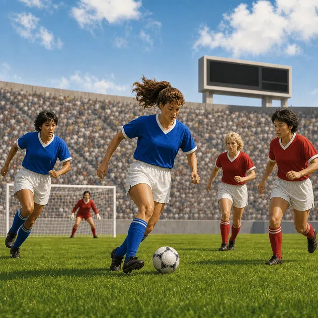 Illustration historique originale de football d'un tournoi féminin dans un décor du début des années 1990