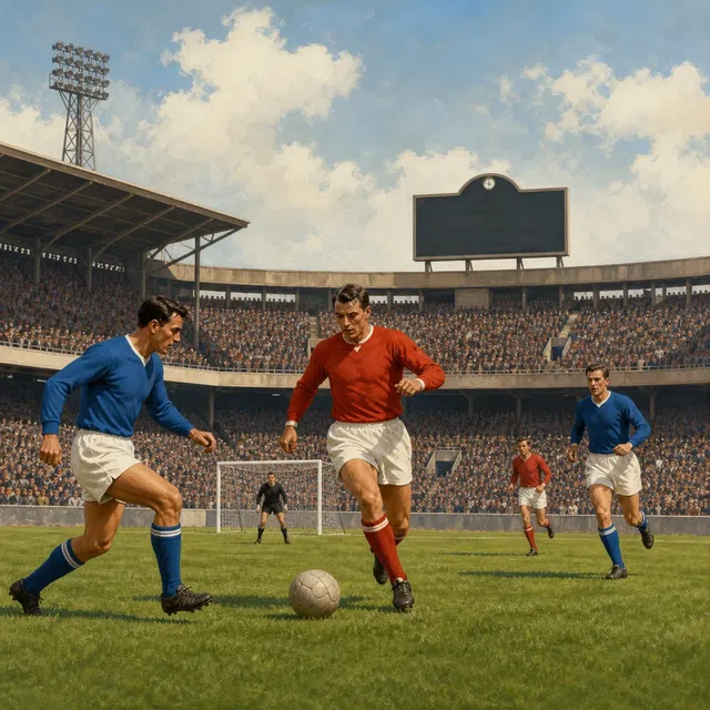 Illustration historique originale de football d'un match de championnat d'Europe dans un décor inspiré des années 1960