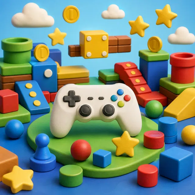 Een speelse 3D-illustratie van een controller in een abstract platformspel