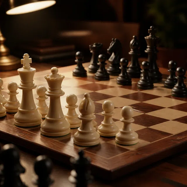 Originale Illustration eines Schachbretts mit Figuren beim Spielbeginn