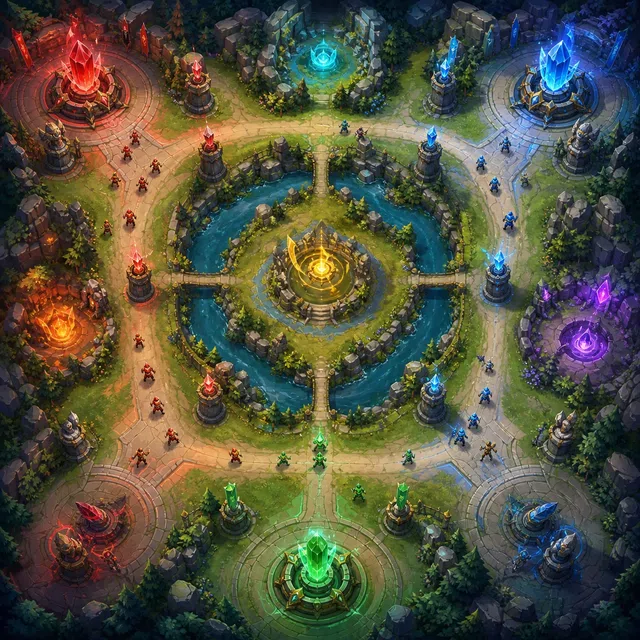 Ilustração original de uma arena multijogador tática anônima vista de cima