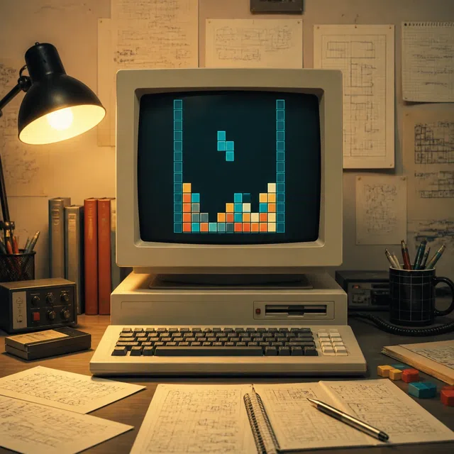 Illustration originale d'un ancien ordinateur avec un puzzle de blocs géométriques