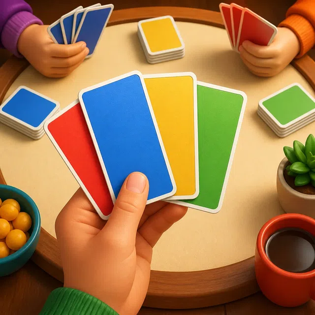 Ilustração original de uma mão segurando quatro cartões numerados de cores vivas