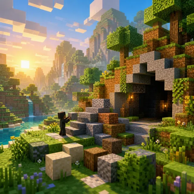 Illustration originale inspirée du voxel d'un paysage en blocs avec une grotte, une cascade et un escalier construit