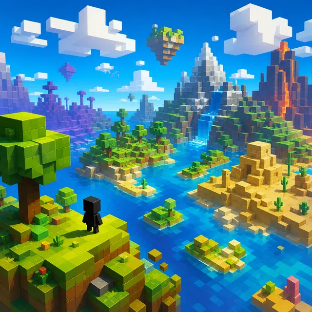 Блочный игровой мир Minecraft на оригинальной иллюстрации без надписей