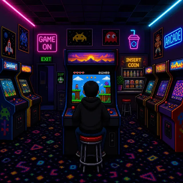 Illustrazione originale di una sala giochi retrò con un giocatore anonimo
