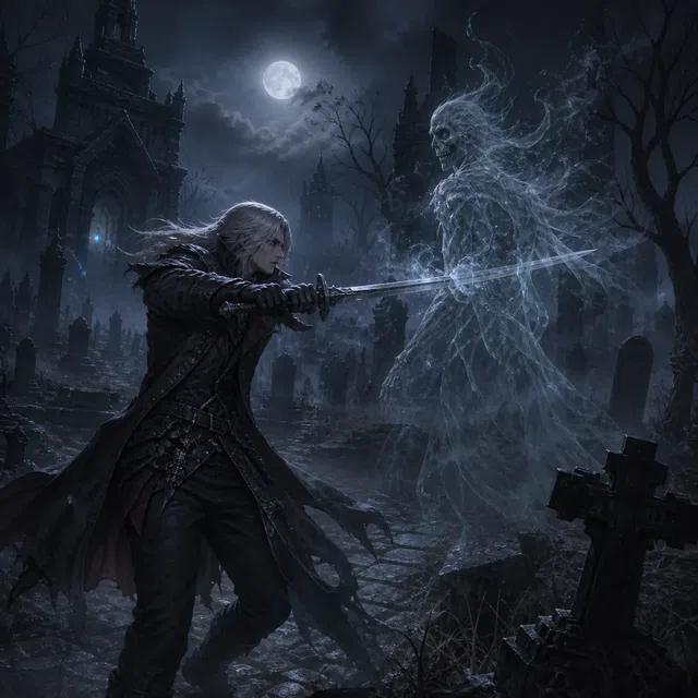 Geralt de Riv combattant un spectre incorporel dans un cimetière la nuit