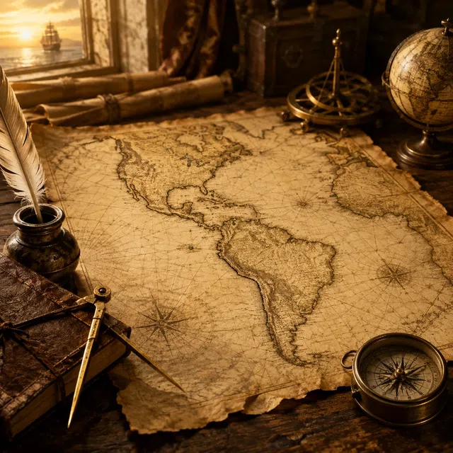 Mapa antigo do mundo com o Atlântico e uma rosa dos ventos