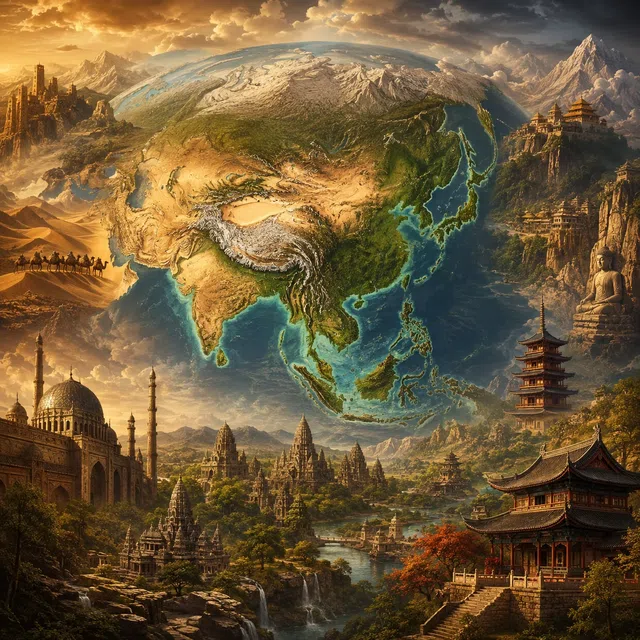 Paysage oriental à l’aube avec une carte ancienne