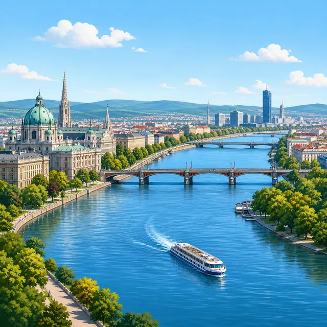 Illustration originale du Danube traversant une capitale d'Europe centrale avec des ponts et des berges