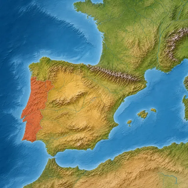 Mapa de relevo original sem rótulo da Península Ibérica com dois países vizinhos
