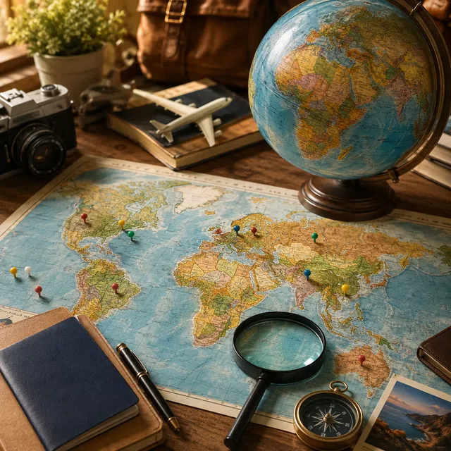 Carte du monde et globe centrés sur l’Afrique avec une loupe et des objets de voyage