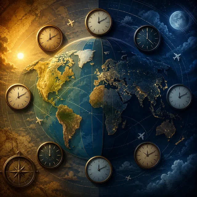 Carte du monde stylisée avec des horloges, sans inscription
