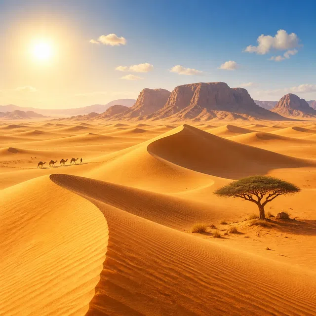 Illustration originale de vastes dunes dorées et de plateaux rocheux dans un paysage désertique