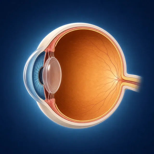 Illustration médicale originale d'une coupe transversale d'un œil avec sa couche interne sensible à la lumière mise en évidence