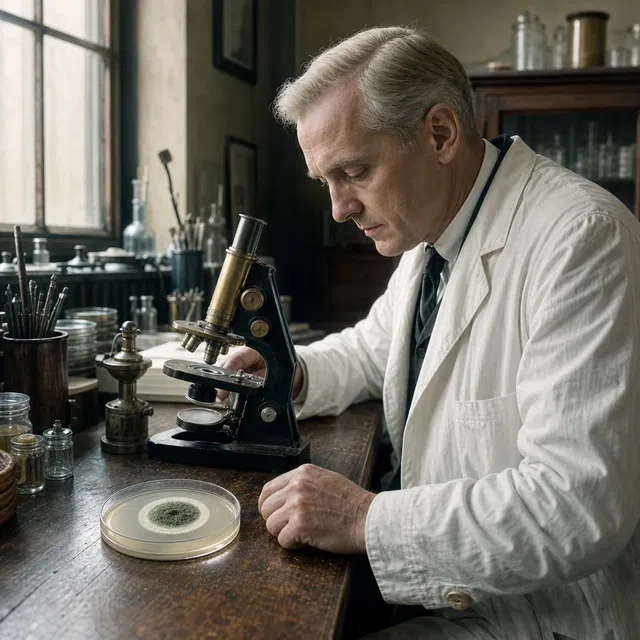 Een historisch laboratorium met een onderzoeker, petrischaal en schimmelkolonie