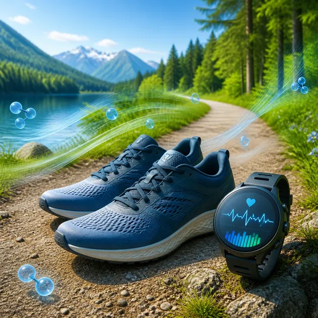 Illustration originale de chaussures de course et d'une montre de sport sur un sentier de course au bord d'un lac