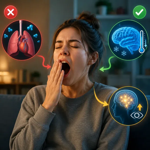 Pessoa bocejando com referências visuais ao oxigênio, à atenção e à temperatura cerebral