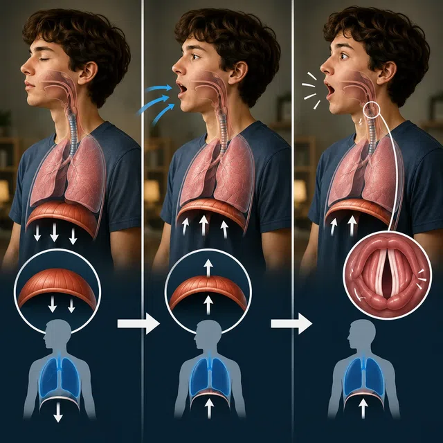 Ilustração médica de um soluço mostrando o diafragma e a glote se fechando