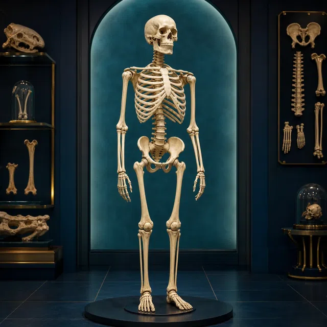 Illustration originale d'un squelette humain dans une exposition anatomique