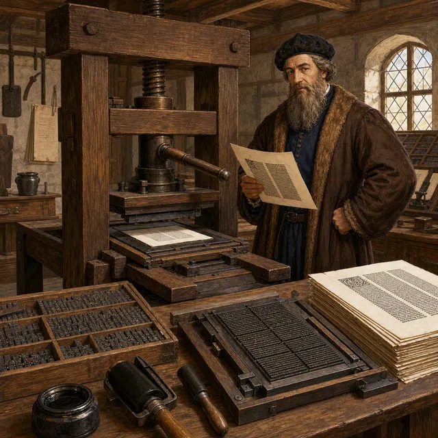 Illustrazione originale di Johannes Gutenberg presso una tipografia storica