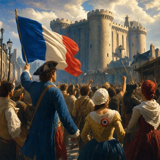 Ilustrasi asli kerumunan orang di depan Bastille pada awal Revolusi Perancis