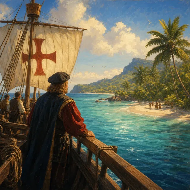 Illustrazione originale di un veliero dell'era delle esplorazioni che si avvicina a un'isola dei Caraibi