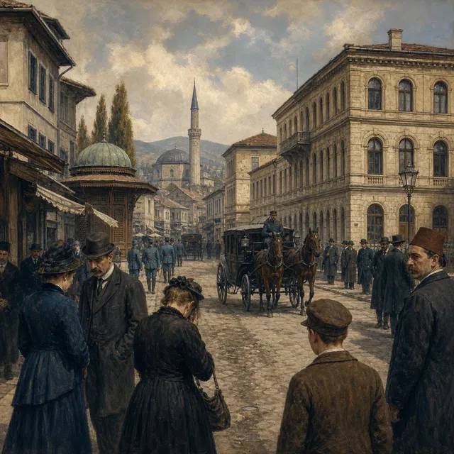 Illustration originale d'une scène de rue historique de Sarajevo autour du déclenchement de la Première Guerre mondiale