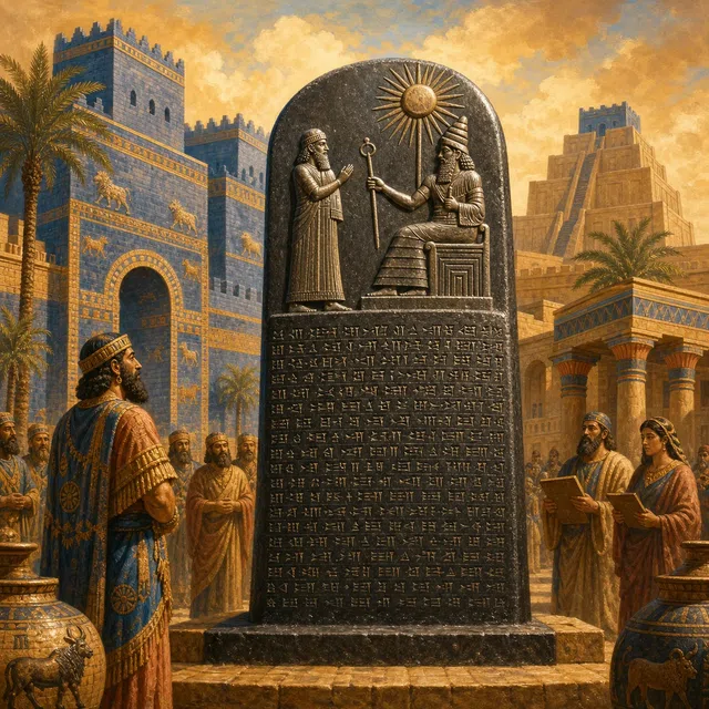 Hammurabi Kanunları'nın taş stelini anlatan Quizpion görseli