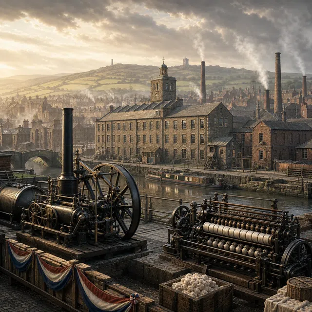 Original illustration of a British industrial town with a steam engine and textile mill