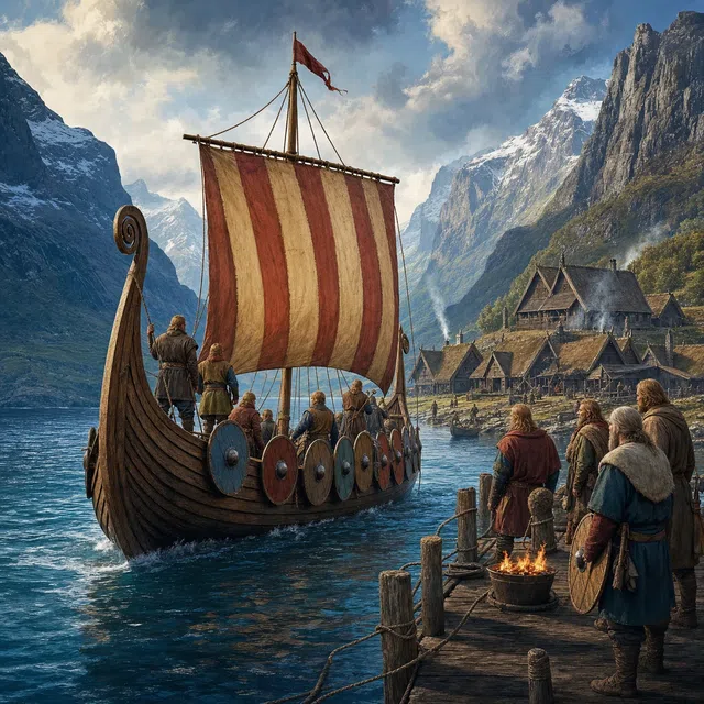 Ilustrasi asli kapal Viking sebelum pemukiman fjord utara