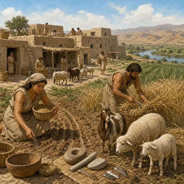 Illustration originale d'un ancien village agricole pendant la révolution néolithique