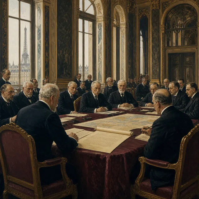 Ilustração original da Conferência de Paz de Paris após a Primeira Guerra Mundial